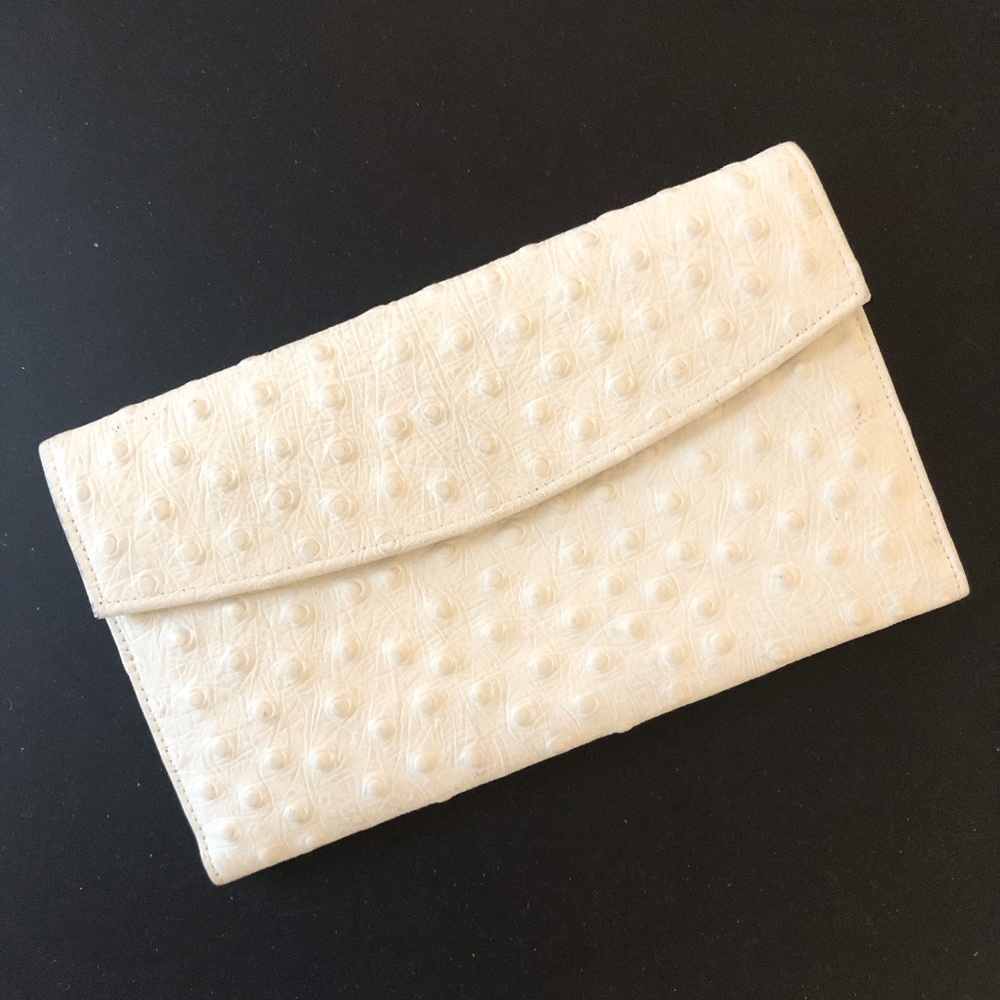 White Calf Leather Ostrich Like Textured Wallet
